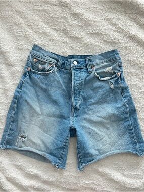 GAP Tall Cheeky Midi Short High Rise Faded Blue Distressed Denim Shorts
